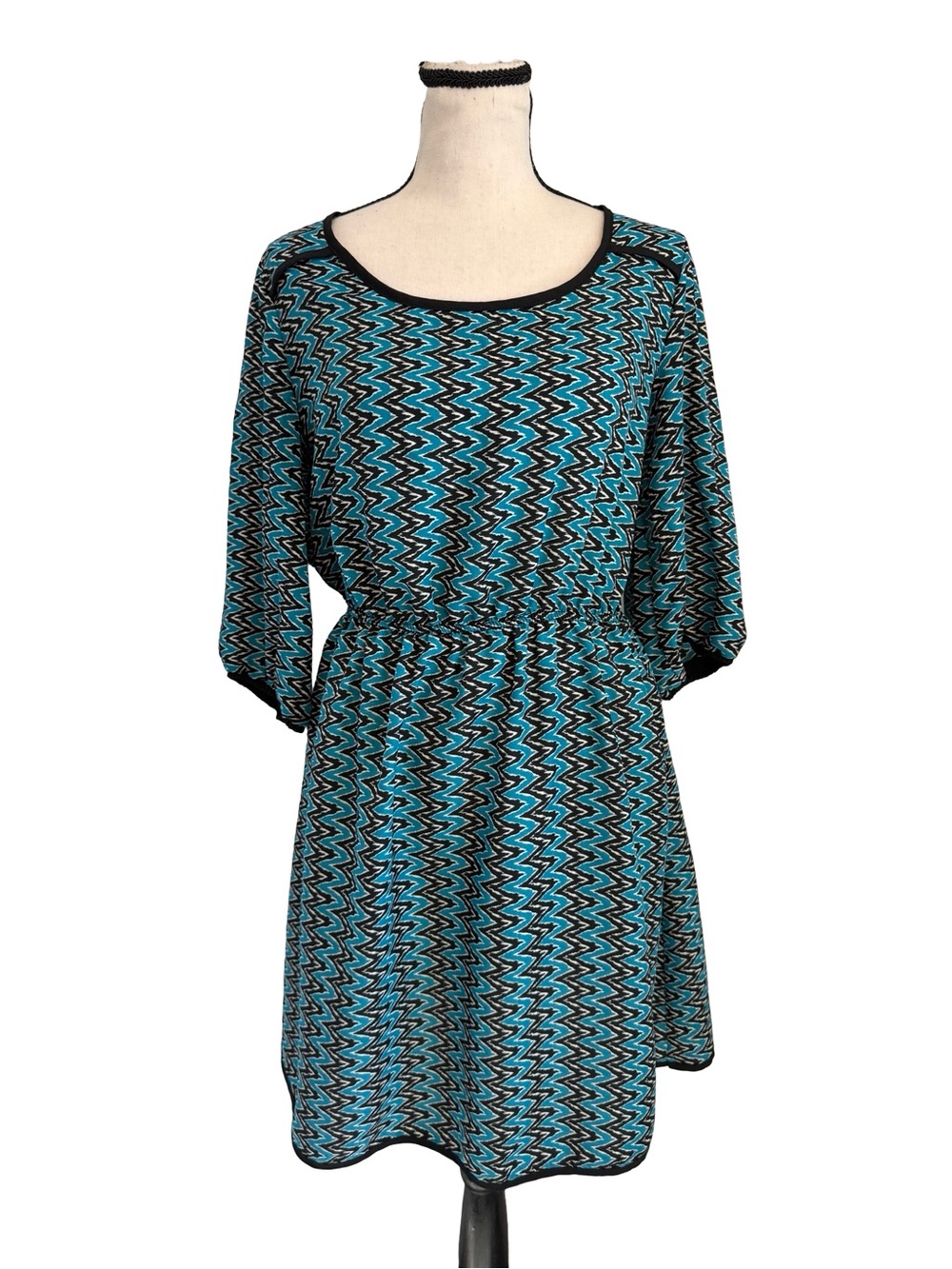 Delirious Los Angeles XL Chevron Print Dress Blue Black 3/4 Sleeve Elastic Waist